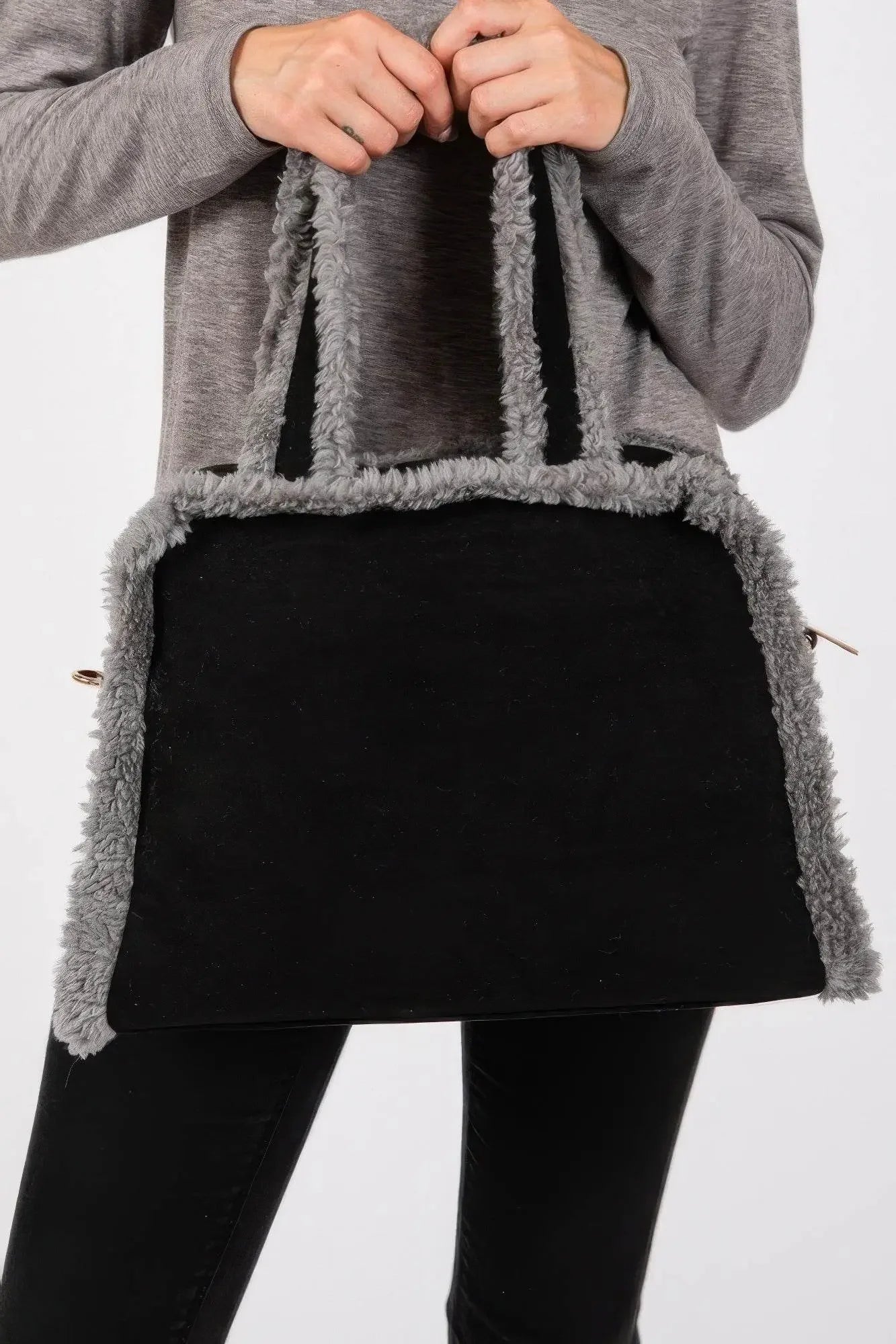 Fleece Trimmed Solid Tote And Crossbody Bag - IVORYNN