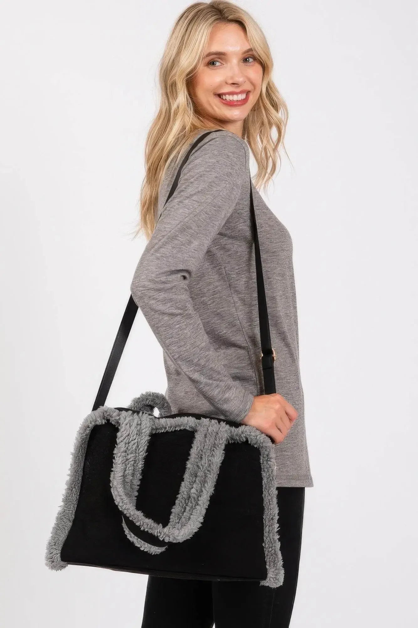 Fleece Trimmed Solid Tote And Crossbody Bag - IVORYNN