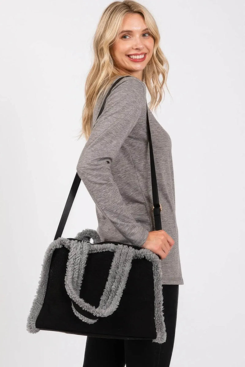 Fleece Trimmed Solid Tote And Crossbody Bag - IVORYNN