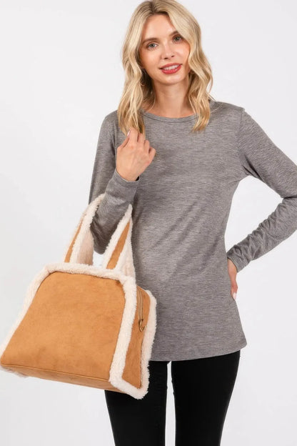 Fleece Trimmed Solid Tote And Crossbody Bag - IVORYNN