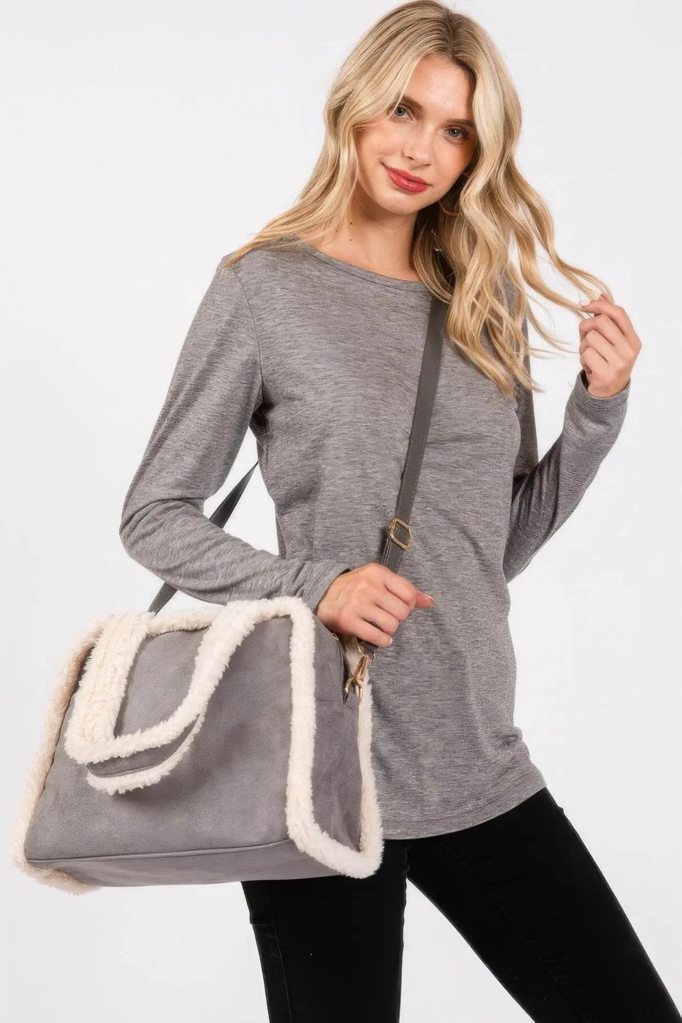 Fleece Trimmed Solid Tote And Crossbody Bag - IVORYNN