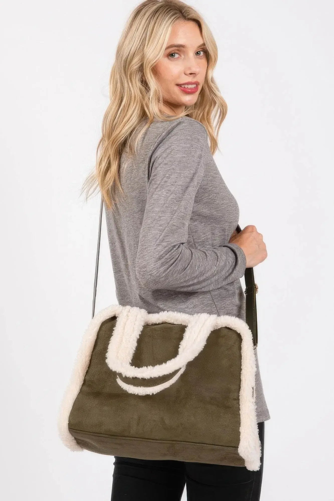 Fleece Trimmed Solid Tote And Crossbody Bag - IVORYNN