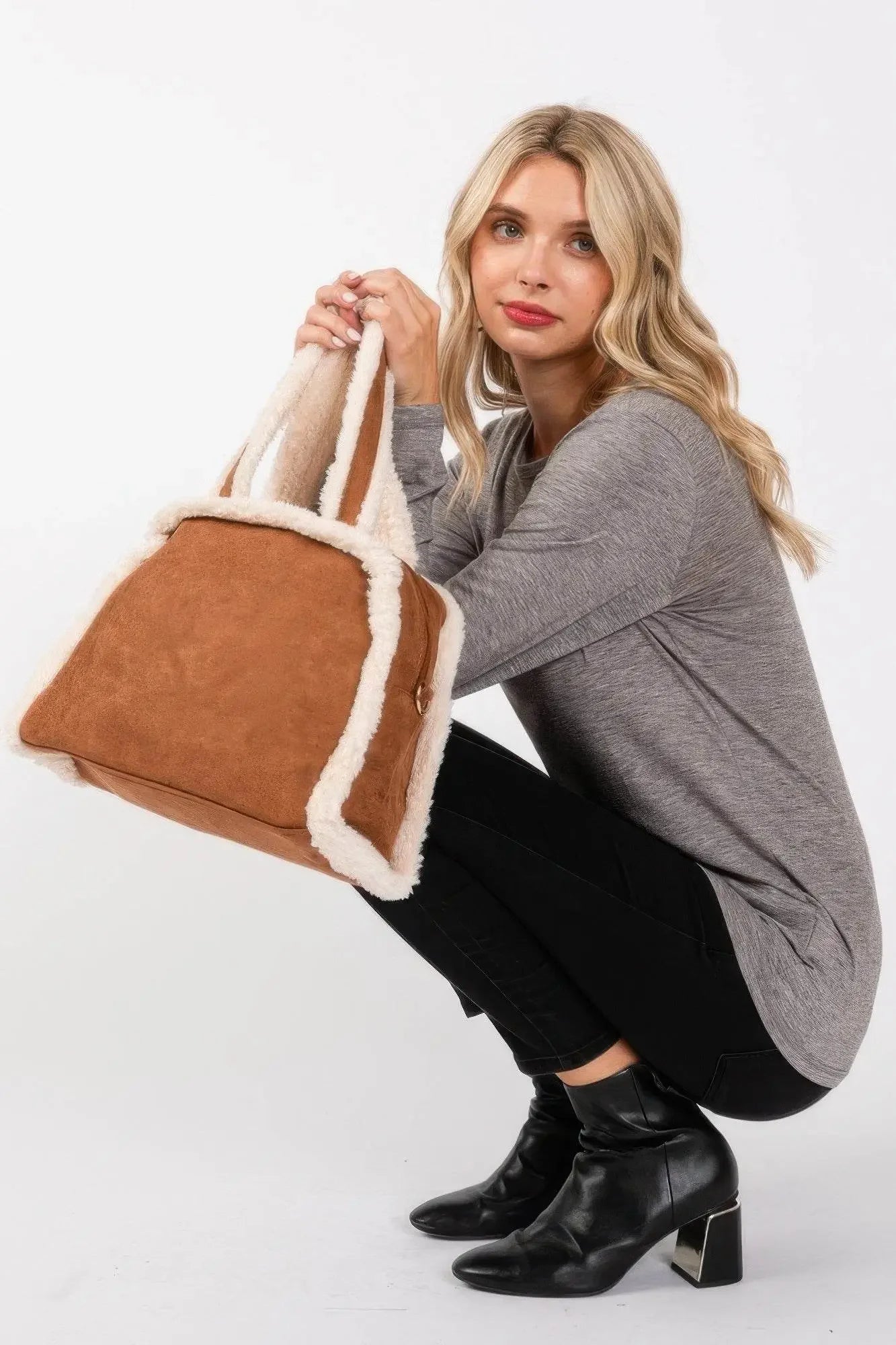Fleece Trimmed Solid Tote And Crossbody Bag - IVORYNN