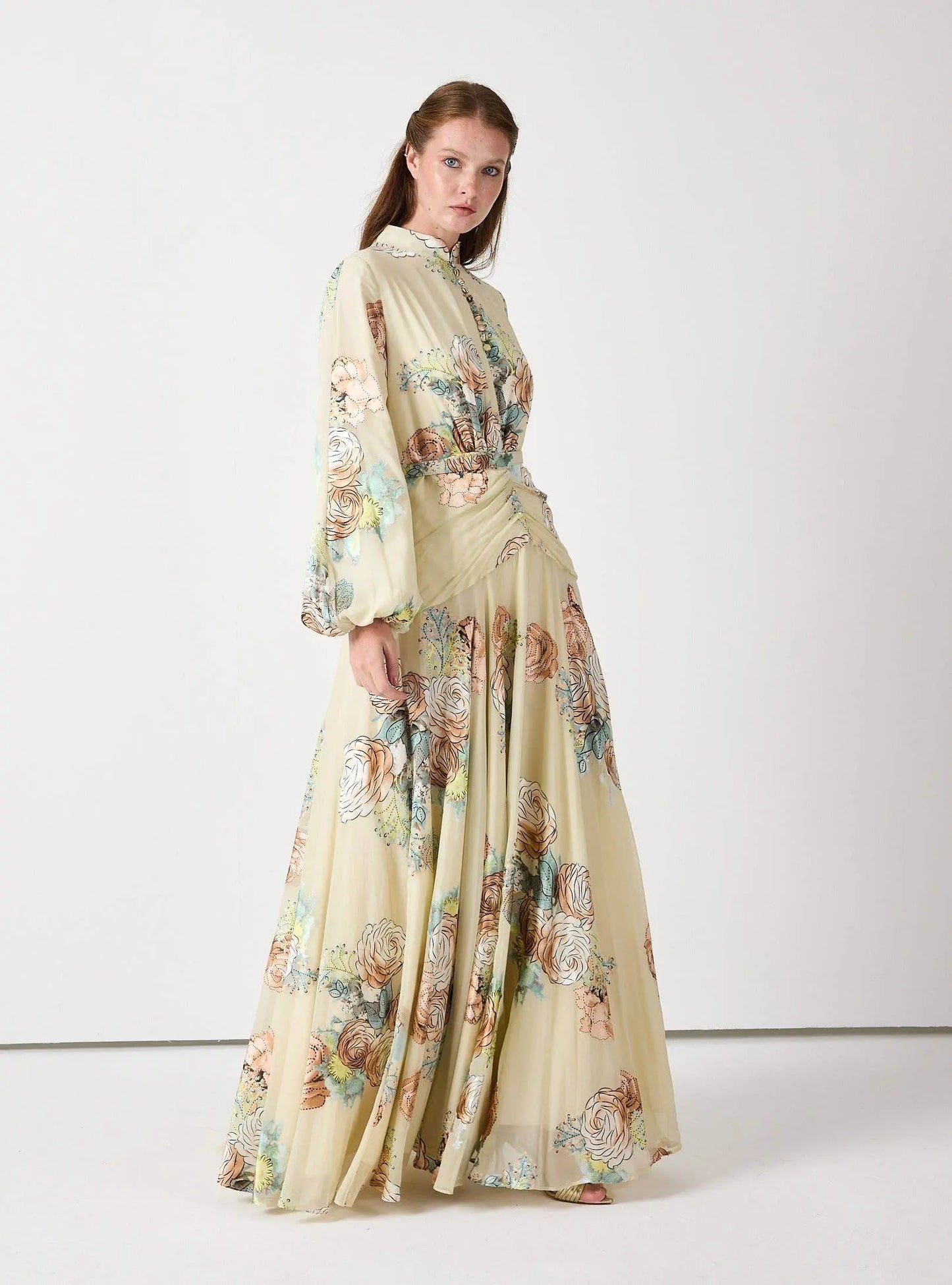 Floral Belted Devoré Velvet Effect Maxi Dress - IVORYNN