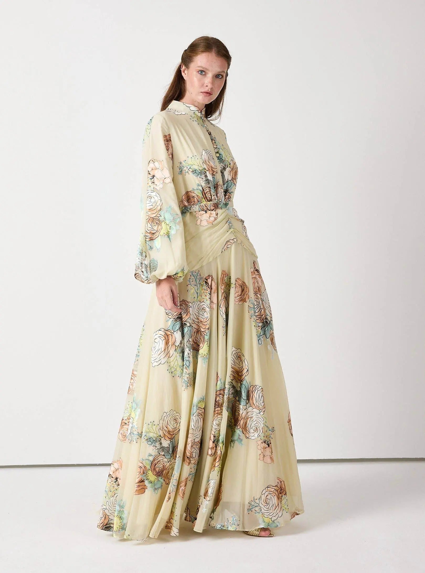 Floral Belted Devoré Velvet Effect Maxi Dress - IVORYNN