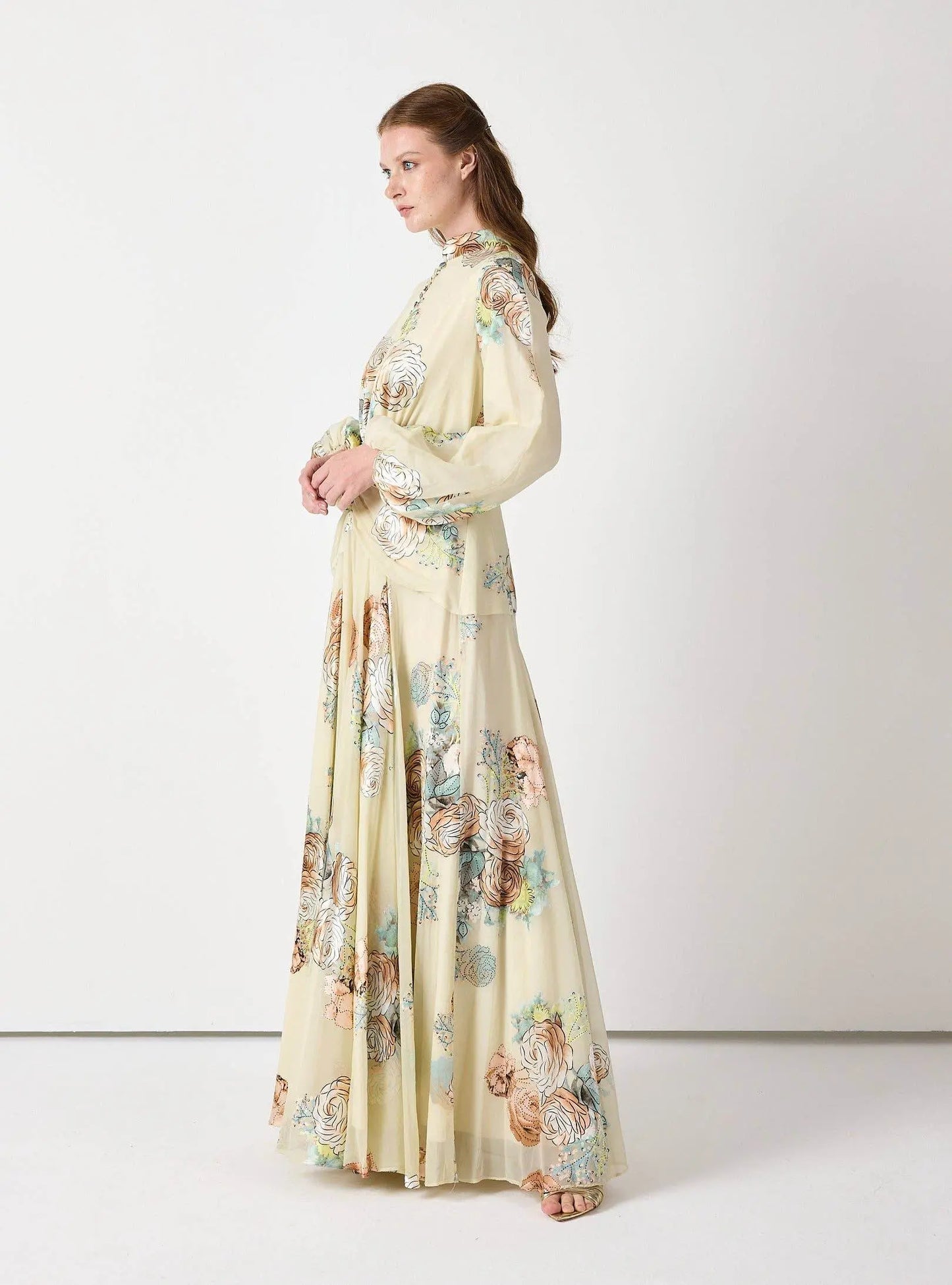 Floral Belted Devoré Velvet Effect Maxi Dress - IVORYNN