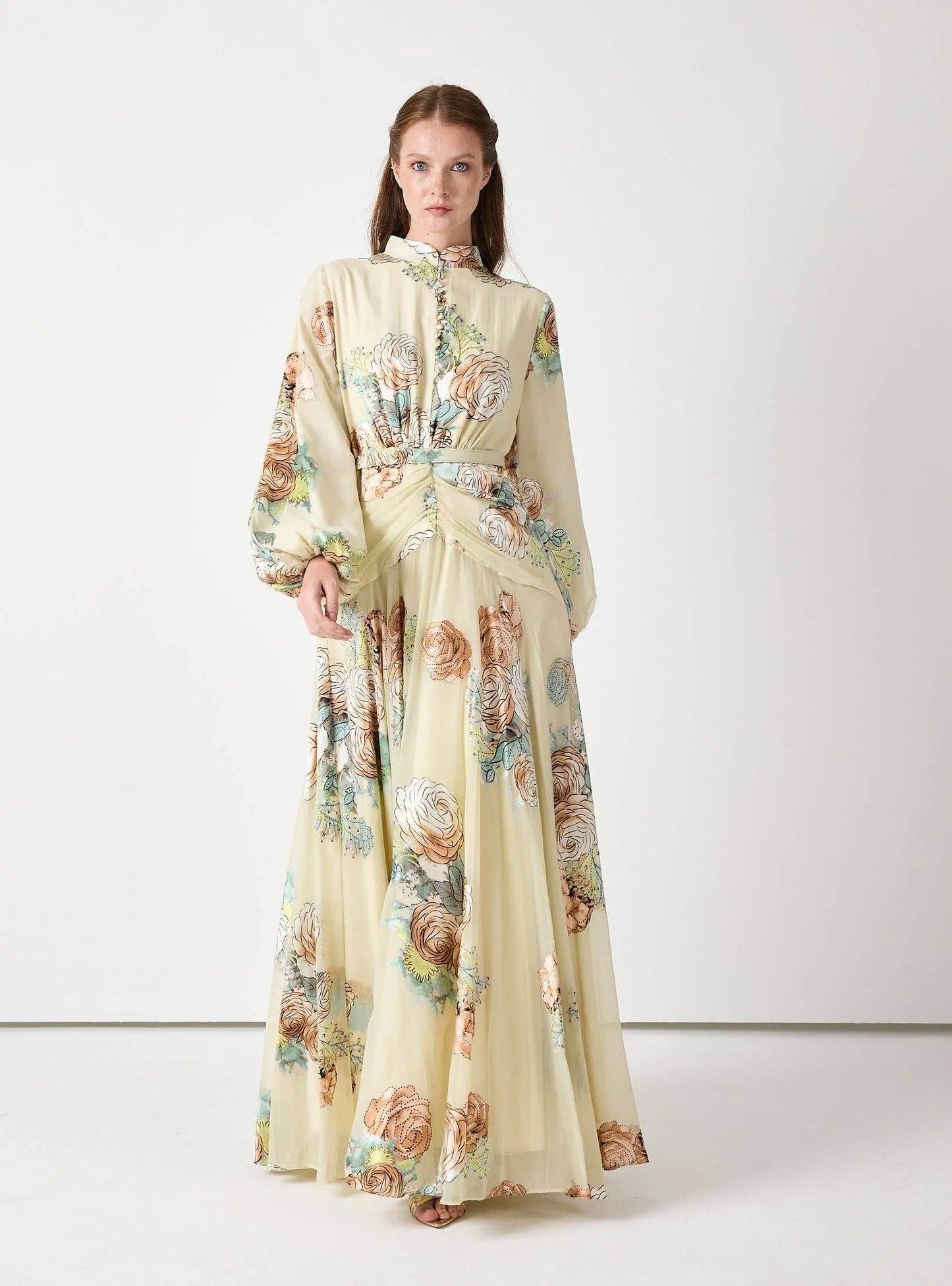 Floral Belted Devoré Velvet Effect Maxi Dress - IVORYNN
