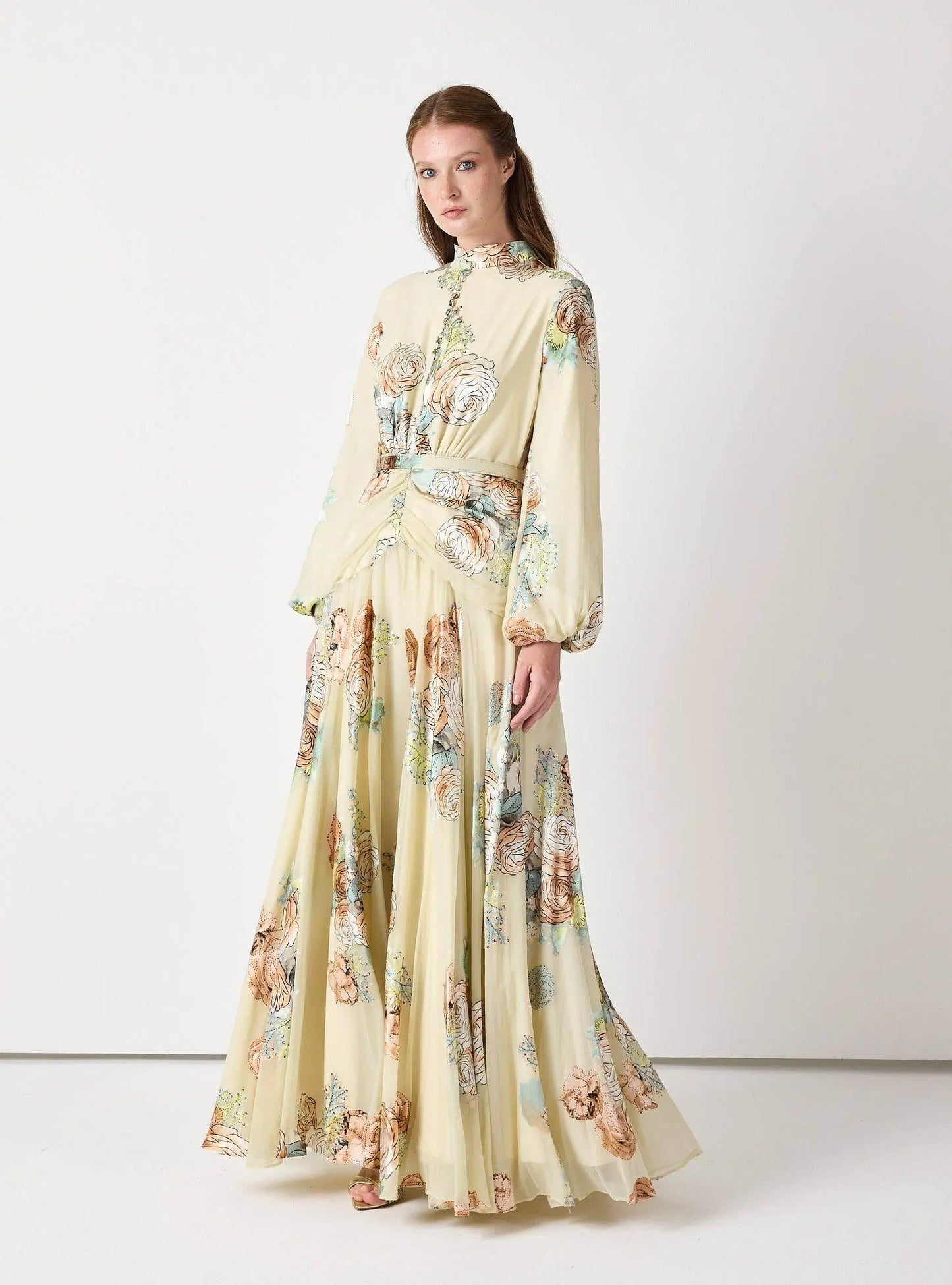 Floral Belted Devoré Velvet Effect Maxi Dress - IVORYNN