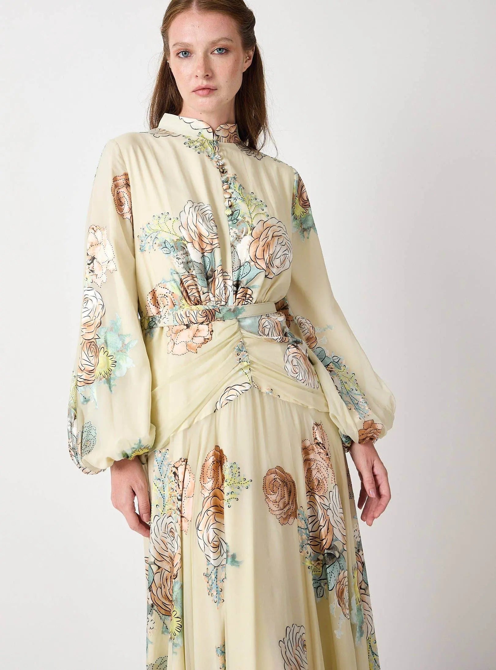 Floral Belted Devoré Velvet Effect Maxi Dress - IVORYNN