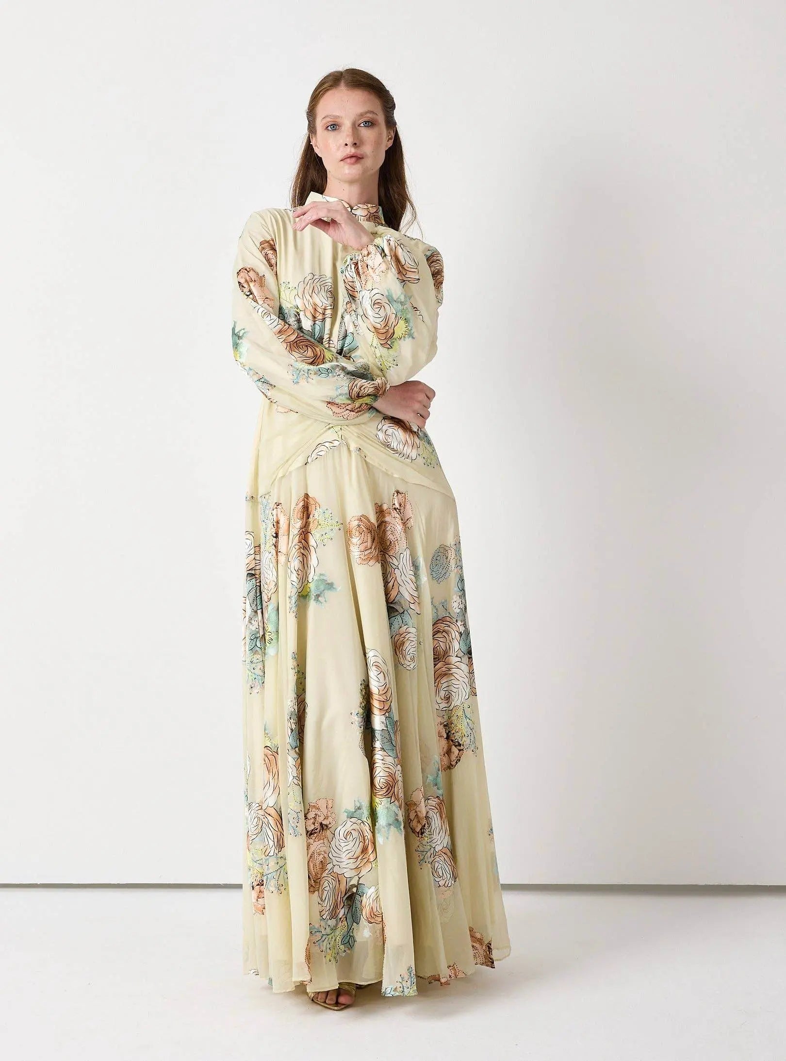Floral Belted Devoré Velvet Effect Maxi Dress - IVORYNN