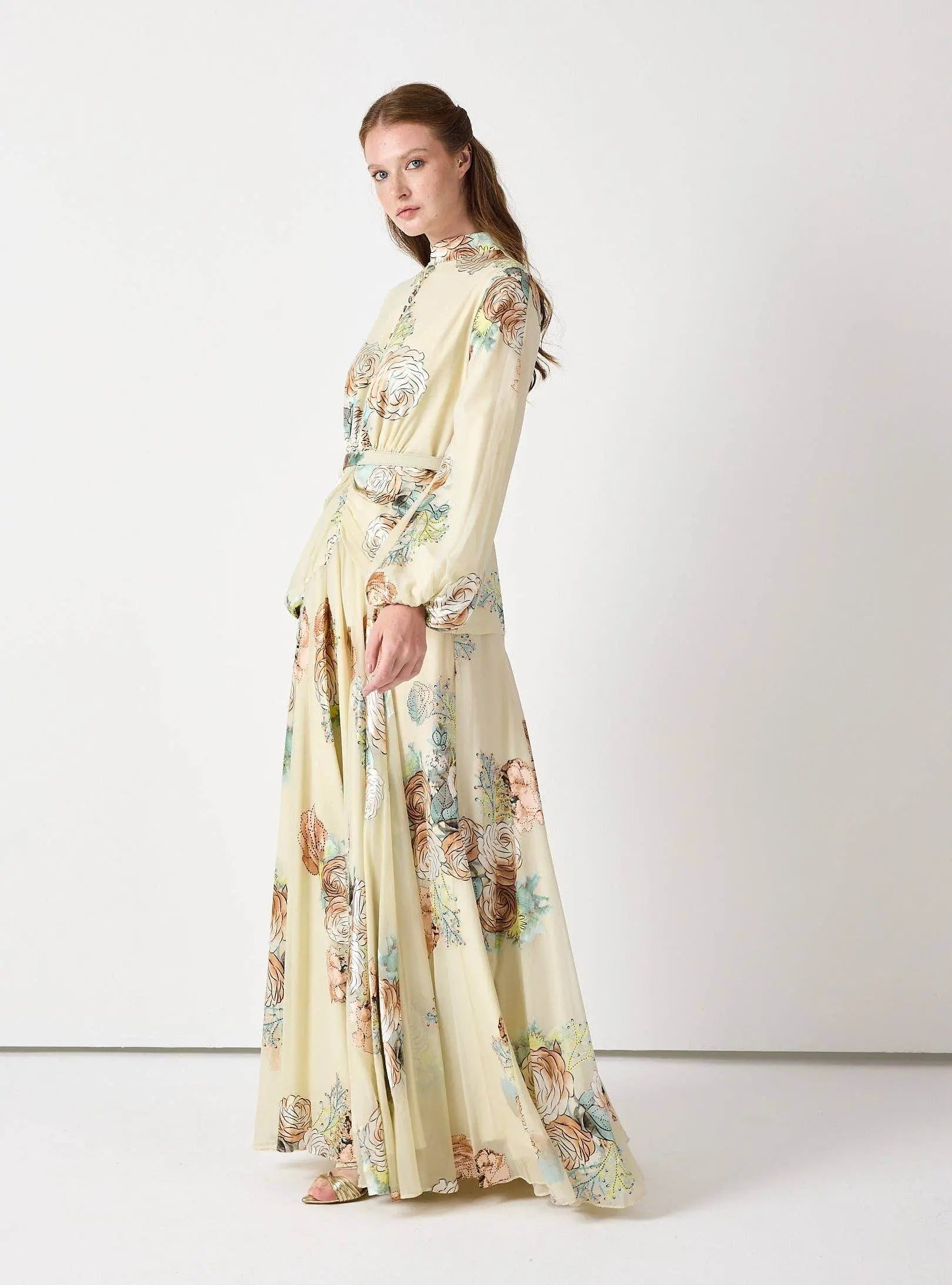 Floral Belted Devoré Velvet Effect Maxi Dress - IVORYNN