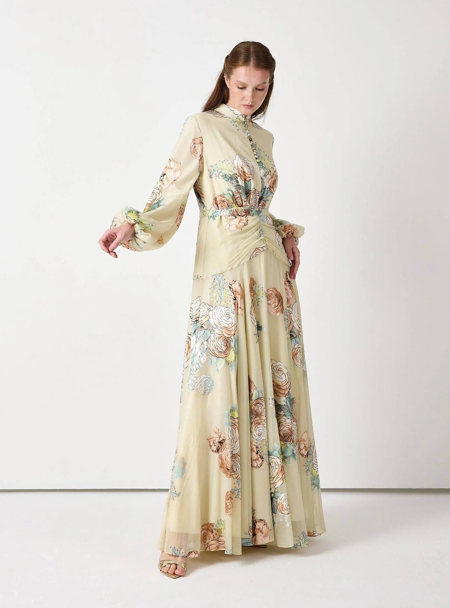 Floral Belted Devoré Velvet Effect Maxi Dress - IVORYNN