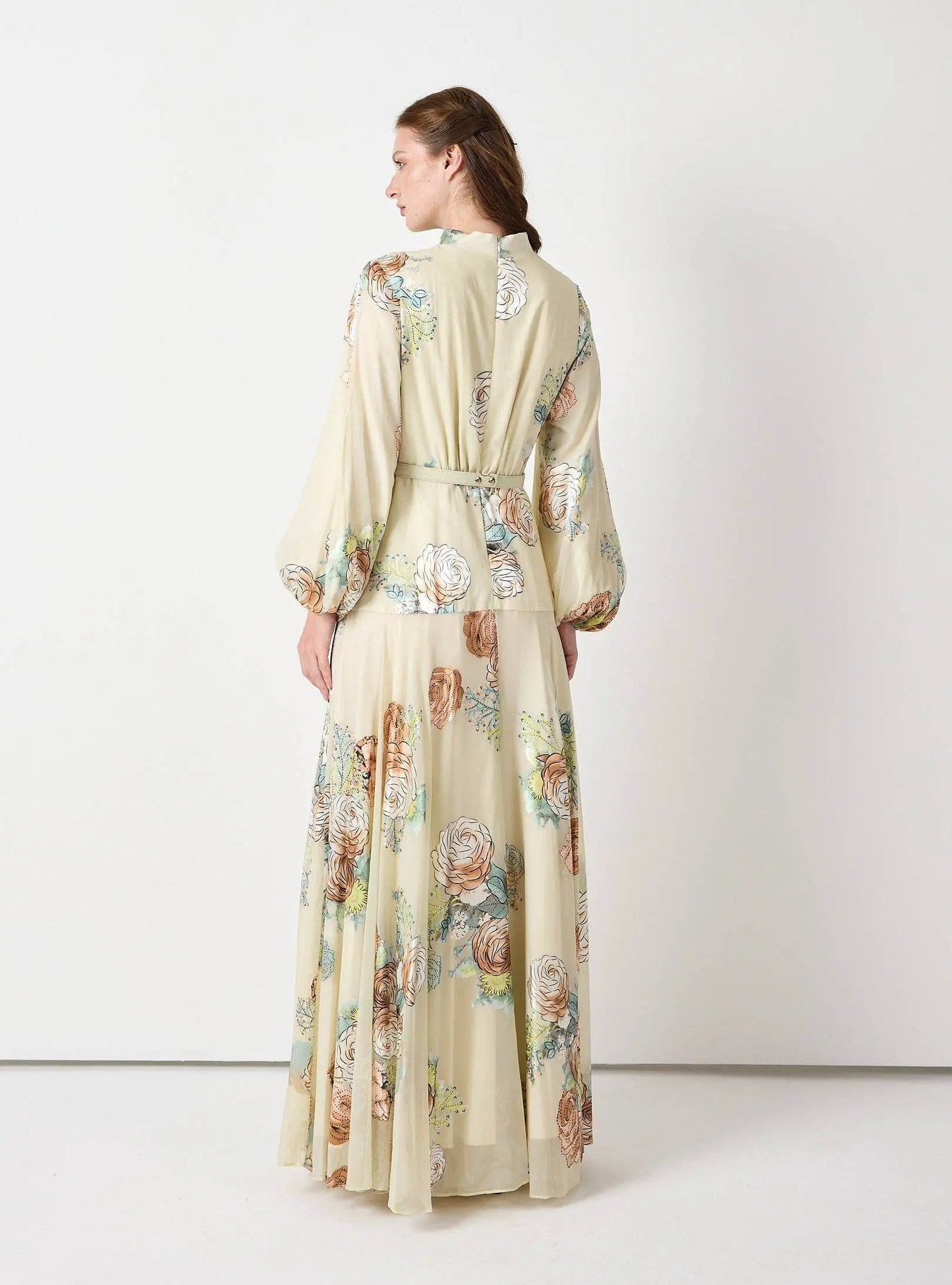 Floral Belted Devoré Velvet Effect Maxi Dress - IVORYNN