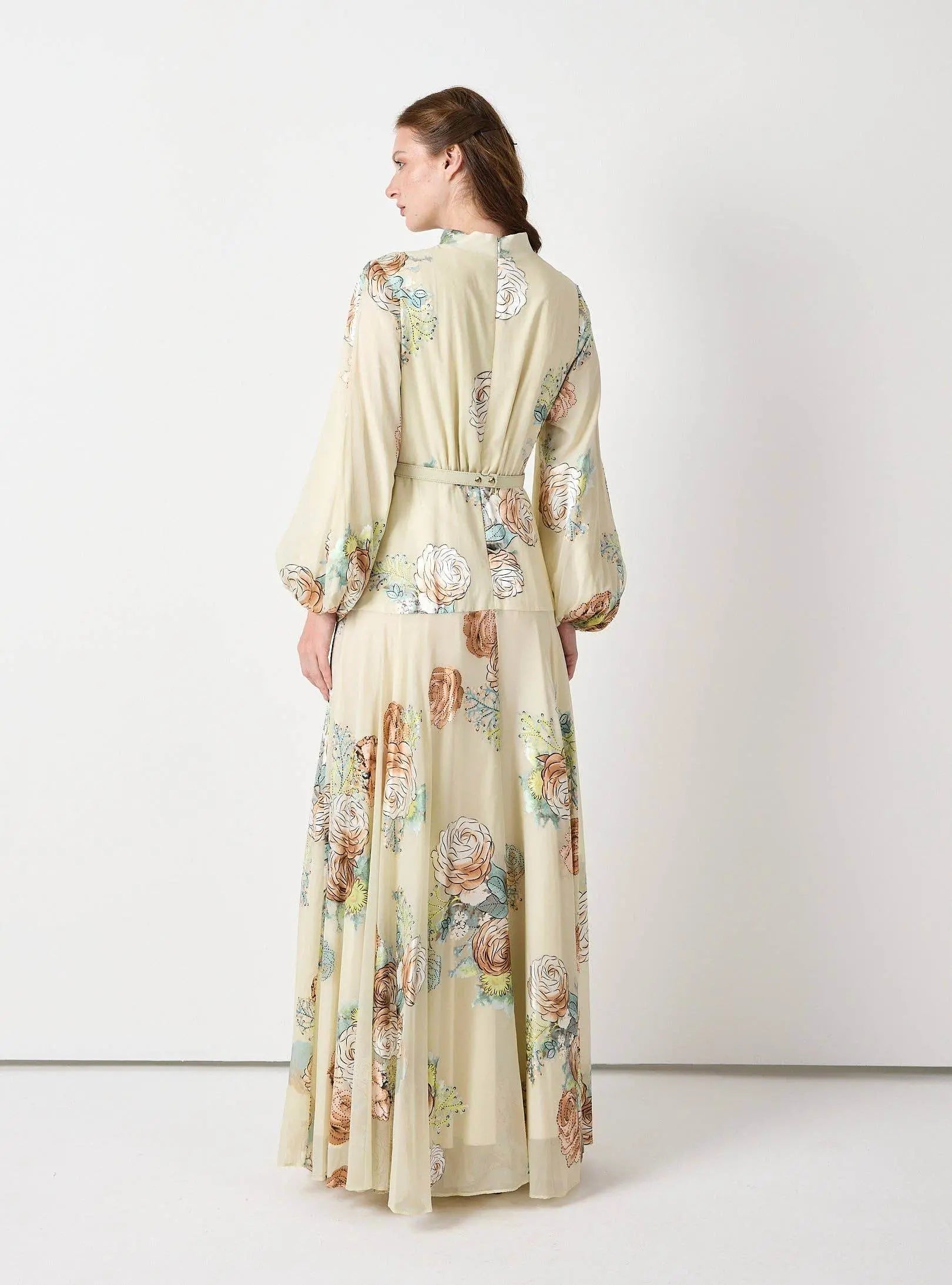 Floral Belted Devoré Velvet Effect Maxi Dress - IVORYNN