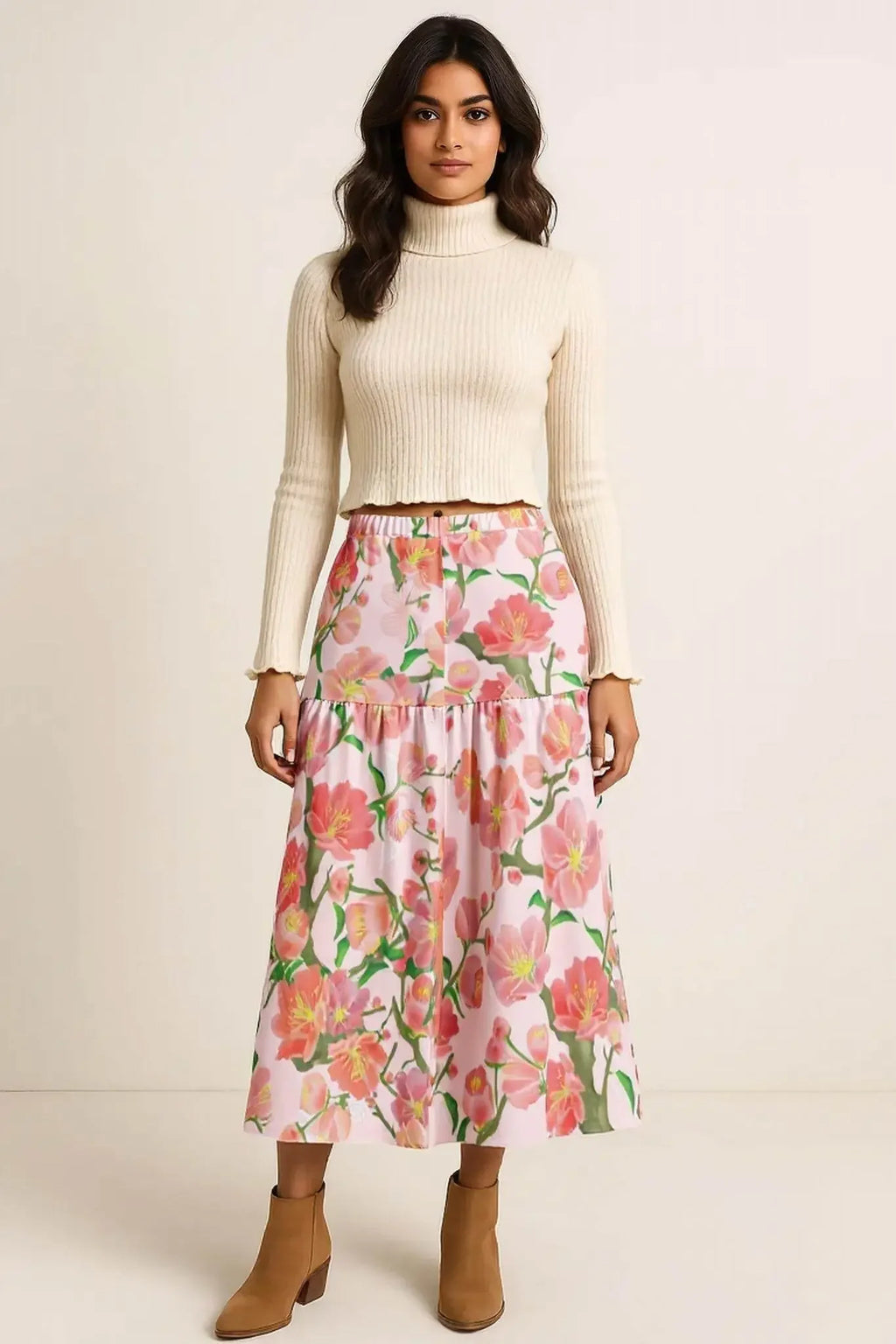 Woman in ivory ribbed turtleneck and floral elastic waist ruffle slit hem skirt from Ivorynn