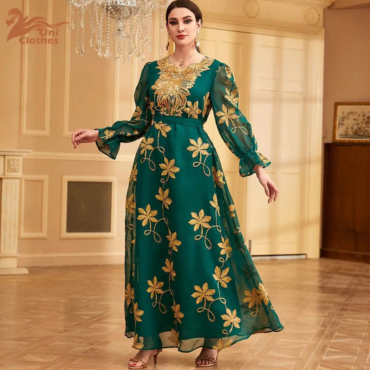 Floral Embroidery Mesh With Belt Jalabiya - IVORYNN