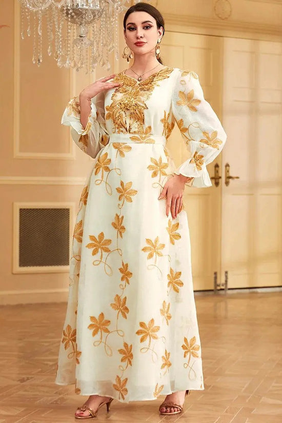 Floral Embroidery Mesh With Belt Jalabiya - IVORYNN