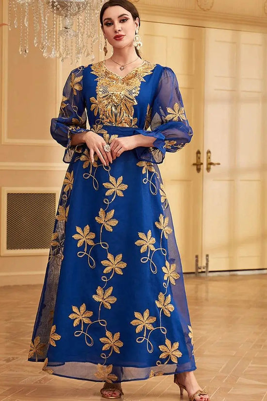 Floral Embroidery Mesh With Belt Jalabiya - IVORYNN