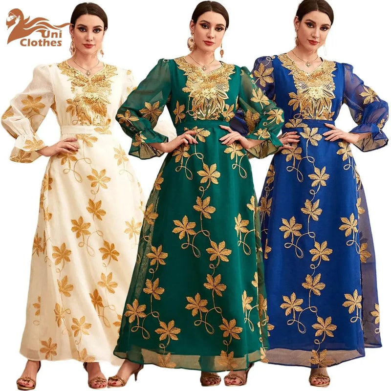 Floral Embroidery Mesh With Belt Jalabiya - IVORYNN