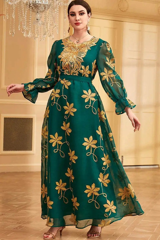 Floral Embroidery Mesh With Belt Jalabiya - IVORYNN