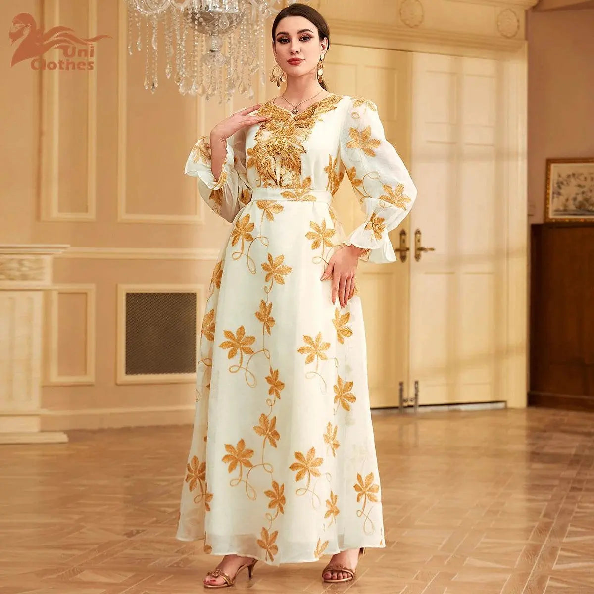 Floral Embroidery Mesh With Belt Jalabiya - IVORYNN
