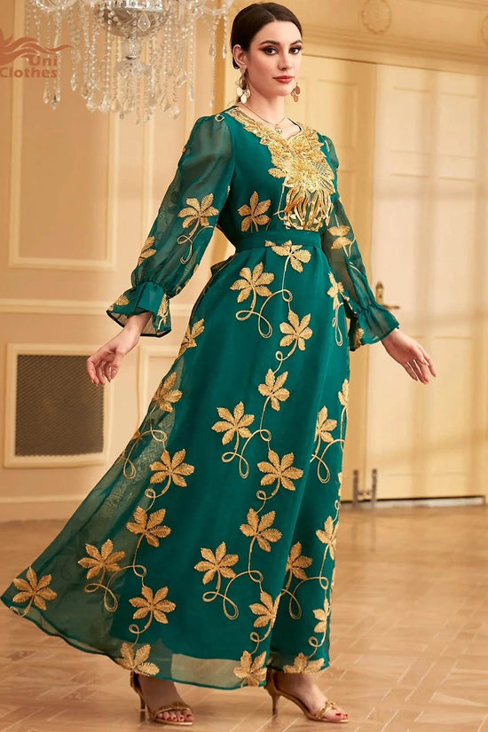 Floral Embroidery Mesh With Belt Jalabiya - IVORYNN