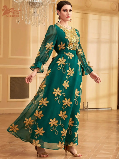 Floral Embroidery Mesh With Belt Jalabiya - IVORYNN