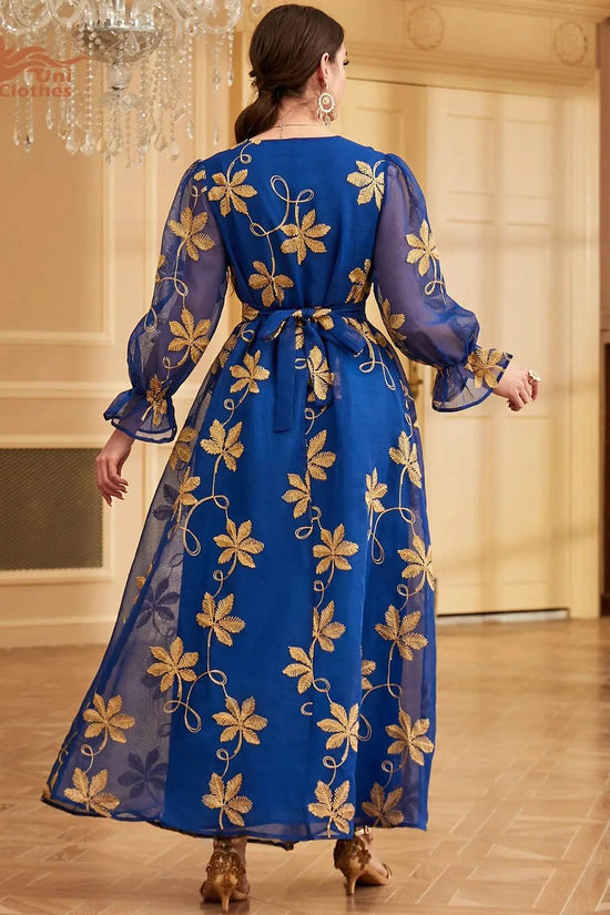 Floral Embroidery Mesh With Belt Jalabiya - IVORYNN