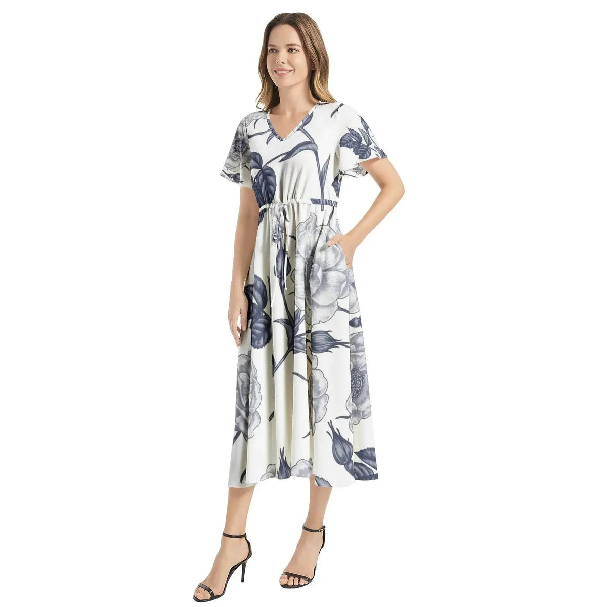 Floral Flutter Sleeve Drawstring Waist Flared Dress - IVORYNN