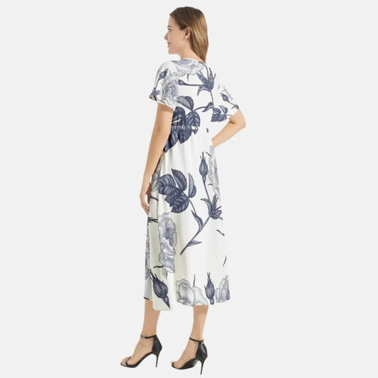 Floral Flutter Sleeve Drawstring Waist Flared Dress
