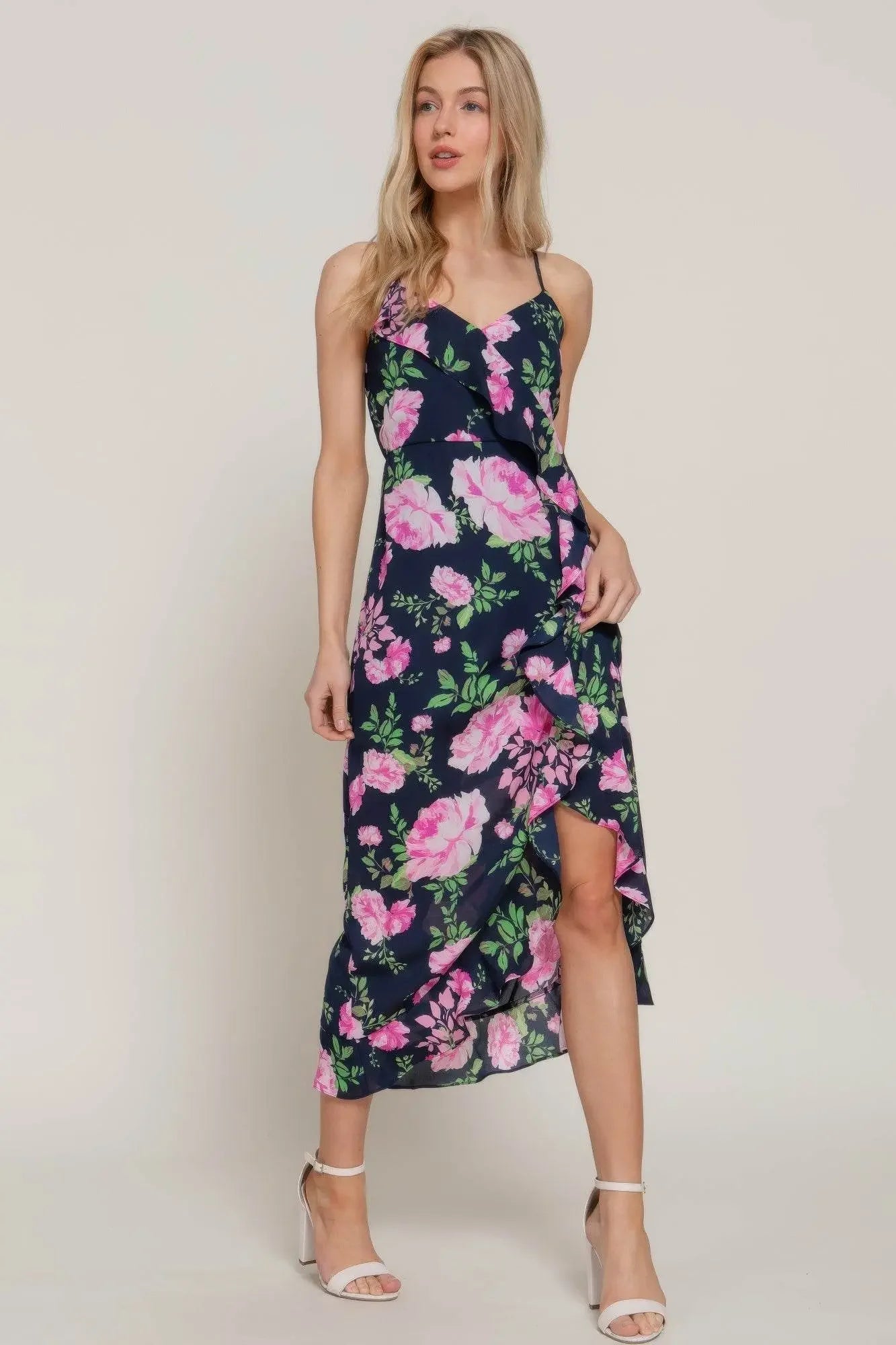 Floral Print Ruffle Slip Black Midi Dress - IVORYNN