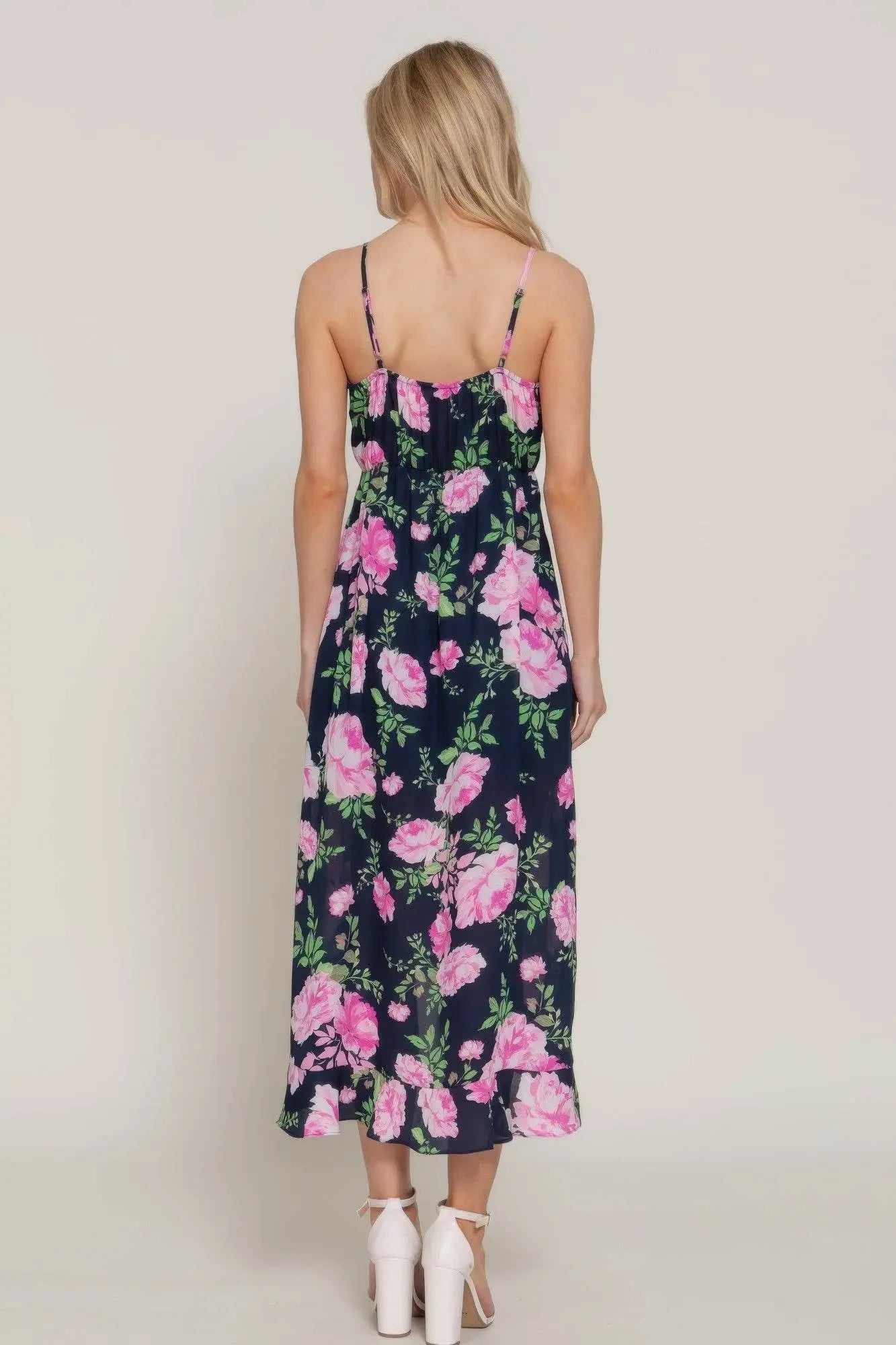 Floral Print Ruffle Slip Black Midi Dress - IVORYNN