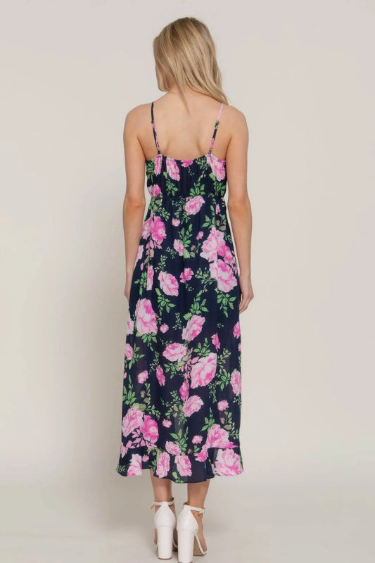 Floral Print Ruffle Slip Black Midi Dress