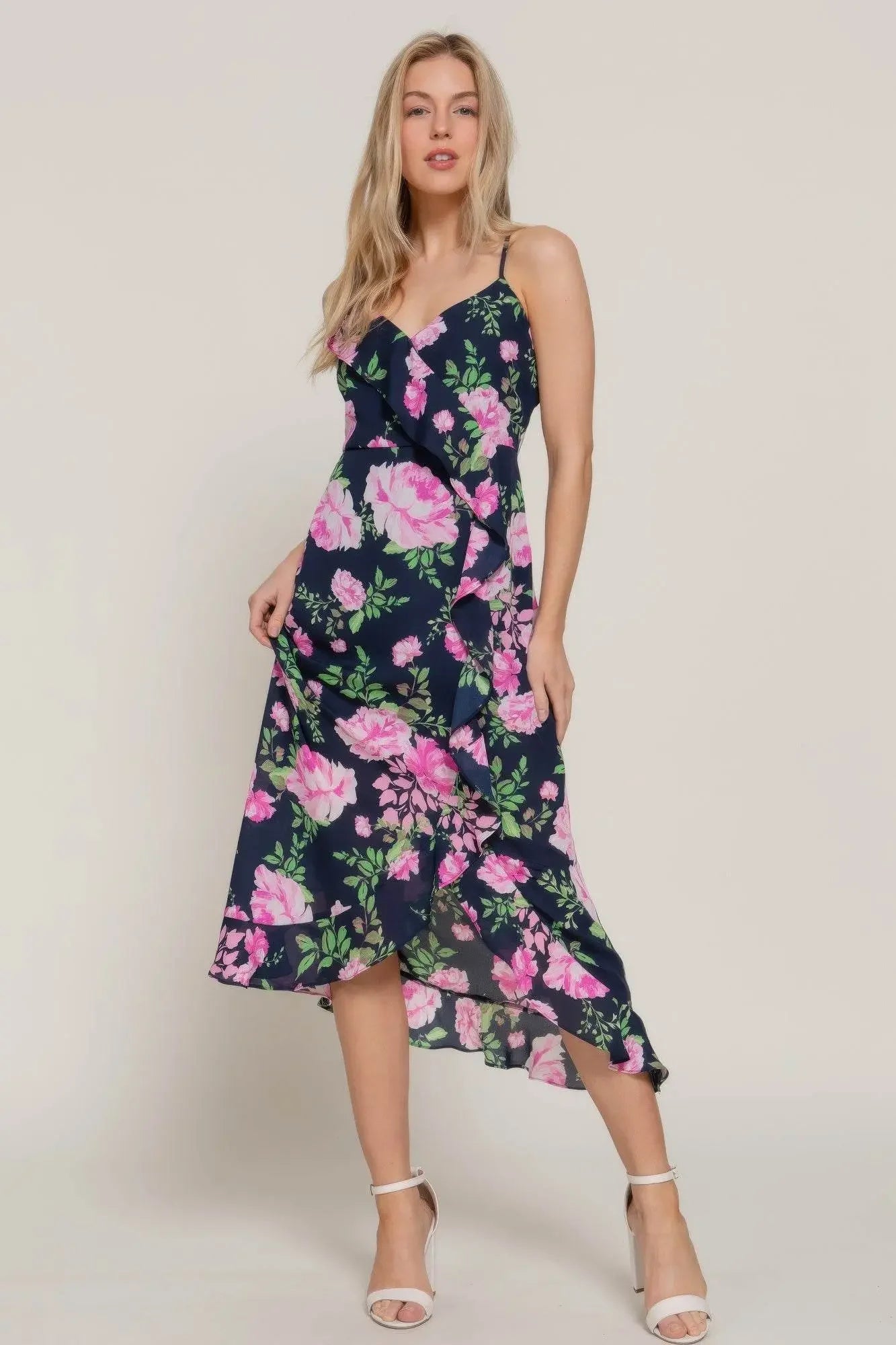 Floral Print Ruffle Slip Black Midi Dress - IVORYNN