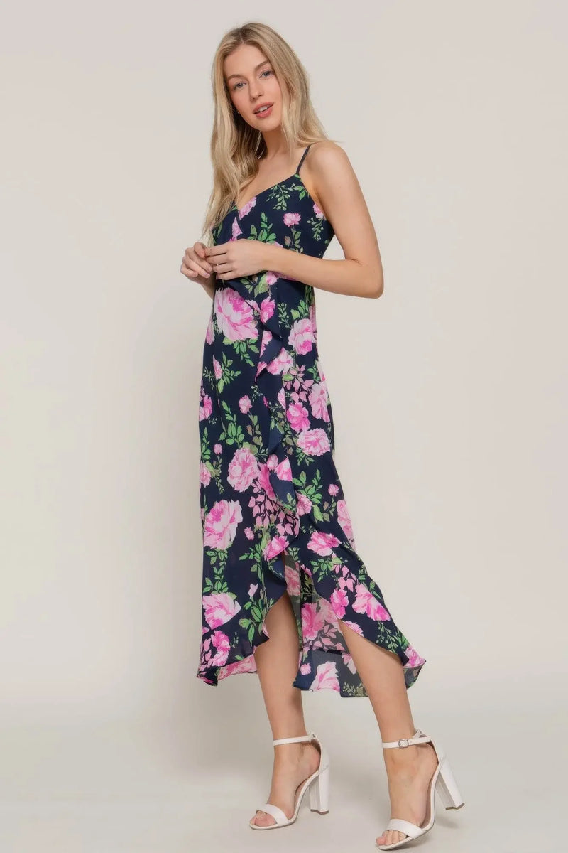 Floral Print Ruffle Slip Black Midi Dress - IVORYNN
