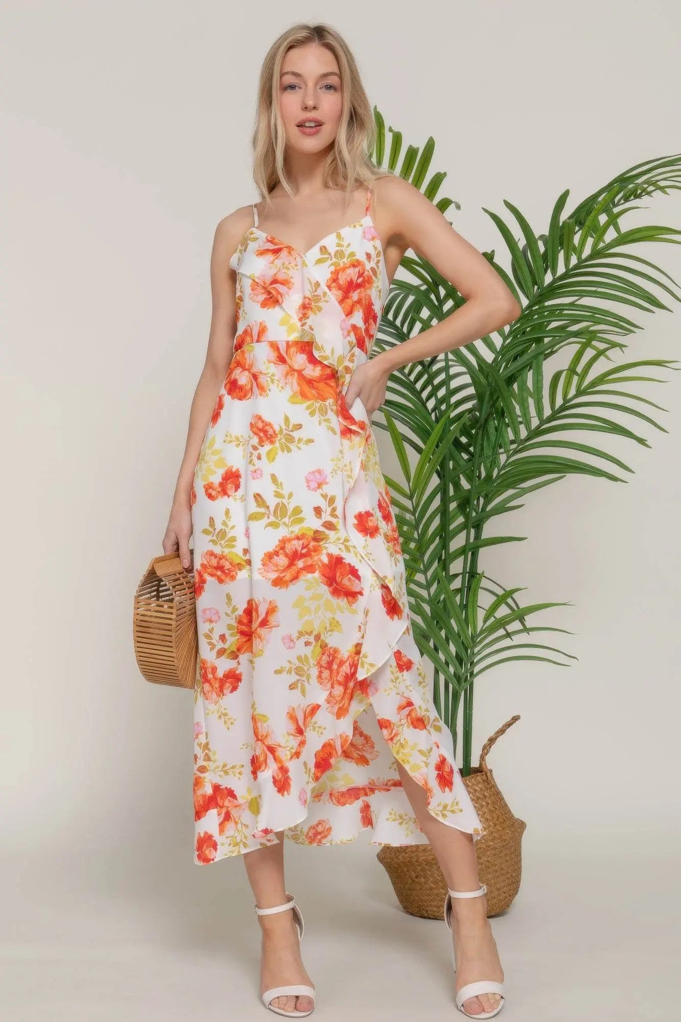 Floral Print Ruffle Slip Midi Dress - IVORYNN