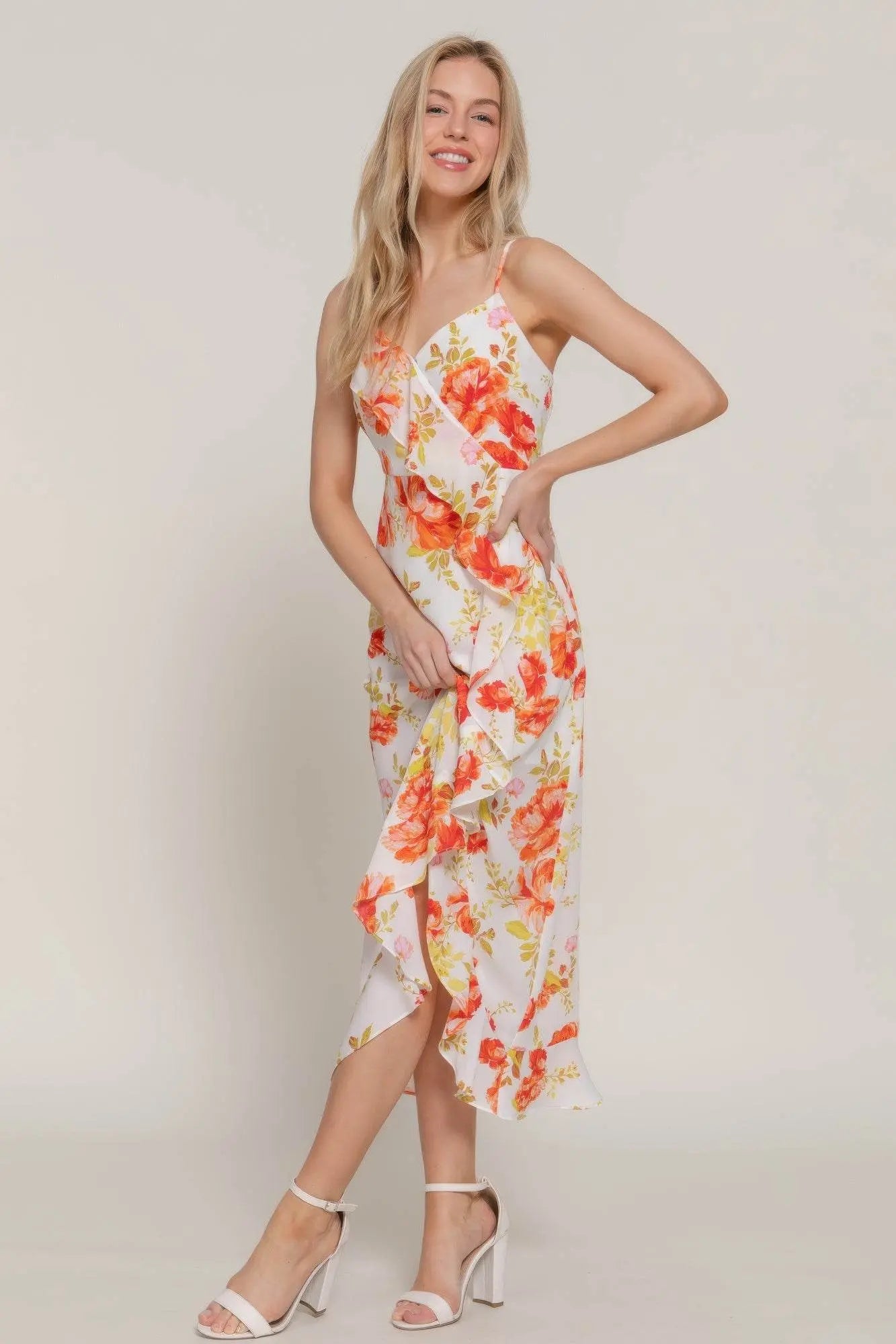 Floral Print Ruffle Slip Midi Dress - IVORYNN