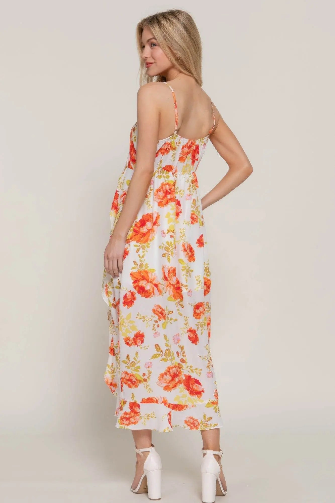 Floral Print Ruffle Slip Midi Dress - IVORYNN