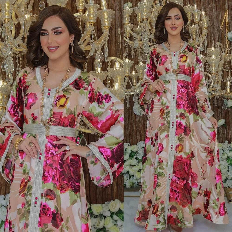 Floral Printed Luxury Belted Jalabiya - IVORYNN