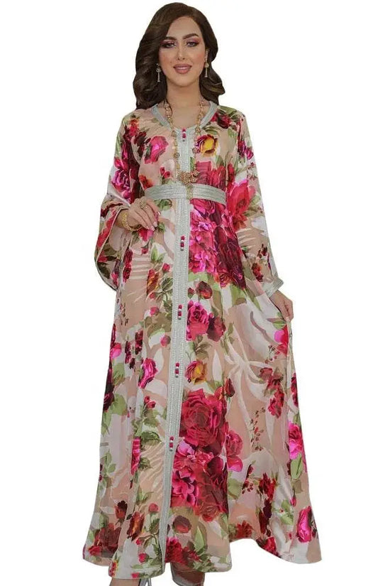 Floral Printed Luxury Belted Jalabiya - IVORYNN