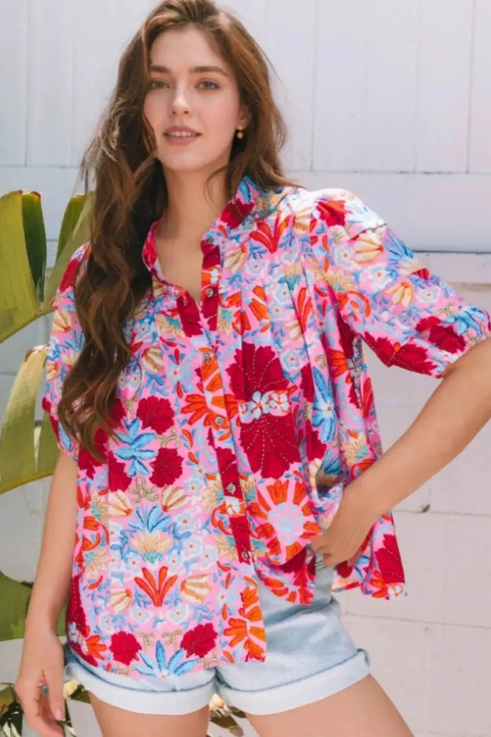 Floral Puff Sleeve Button-Up Blouses - IVORYNN