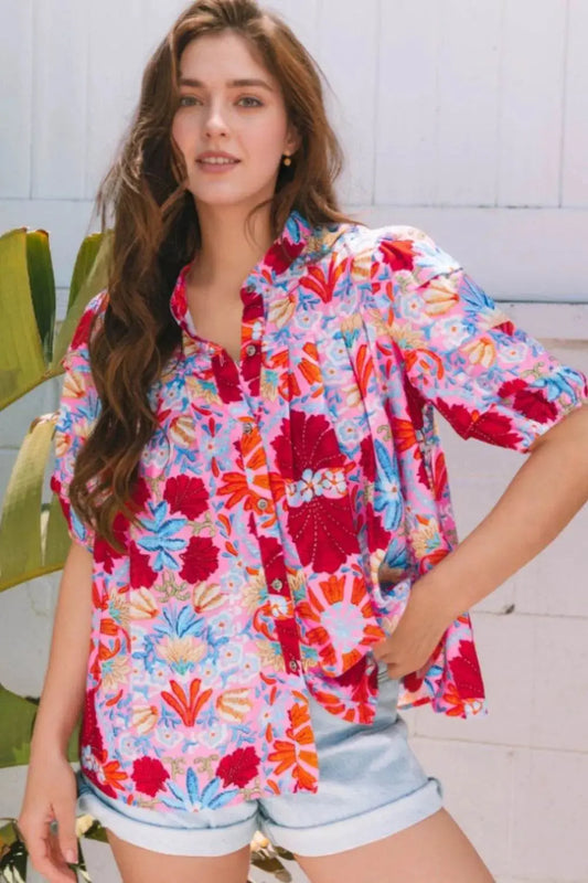 Floral Puff Sleeve Button-Up Blouses