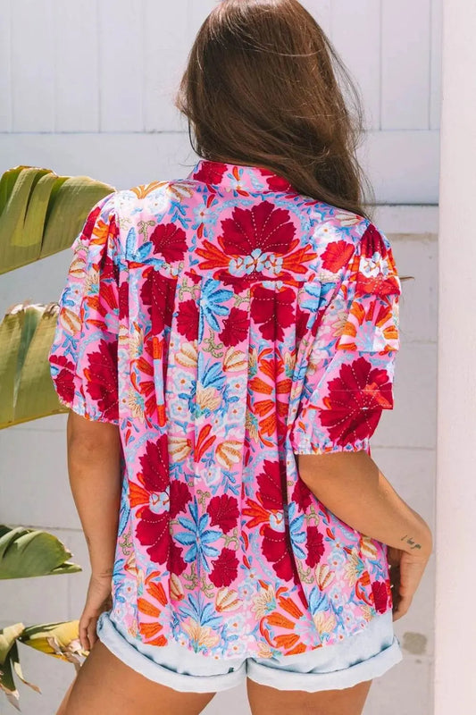 Floral Puff Sleeve Button-Up Blouses