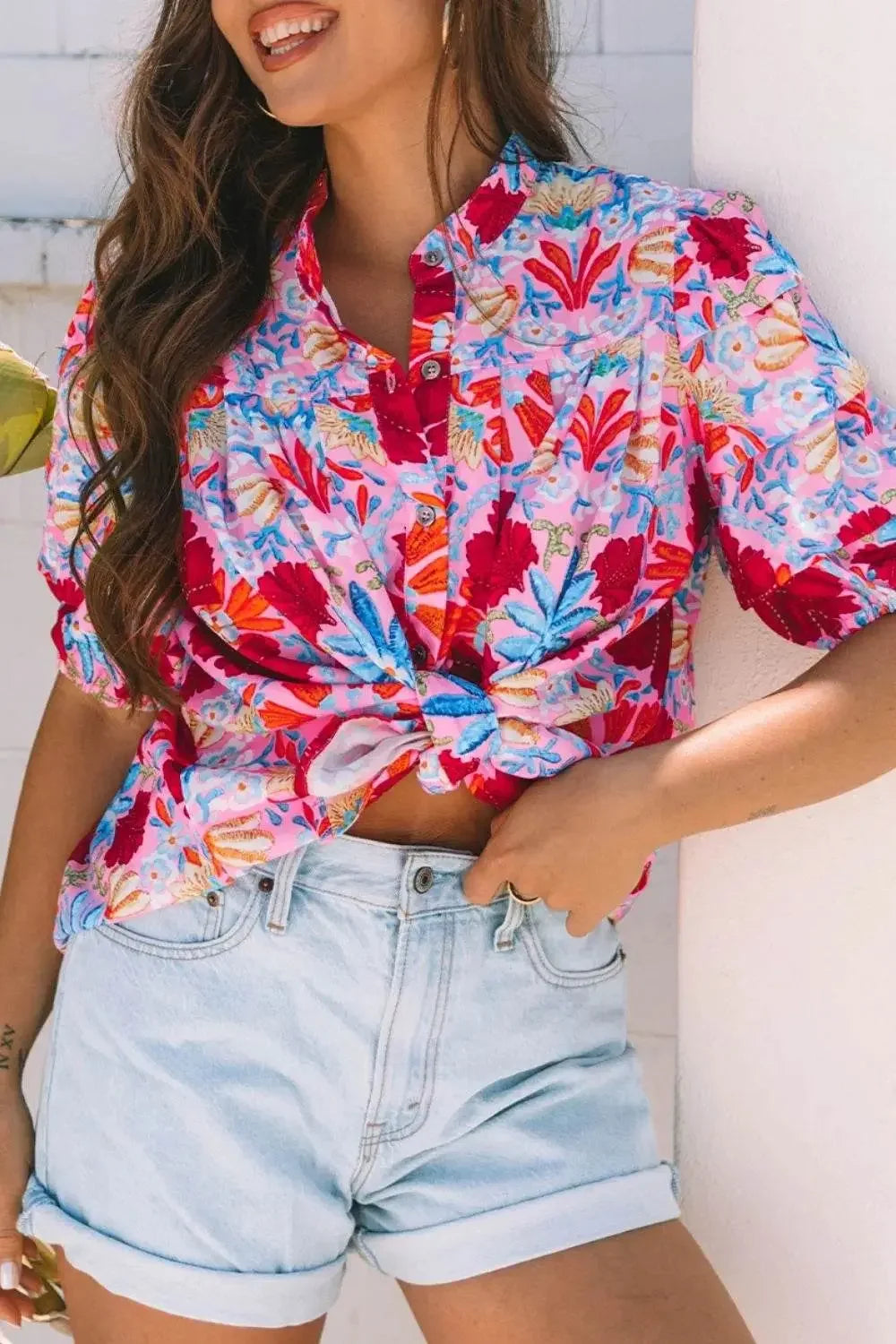Floral Puff Sleeve Button-Up Blouses - IVORYNN