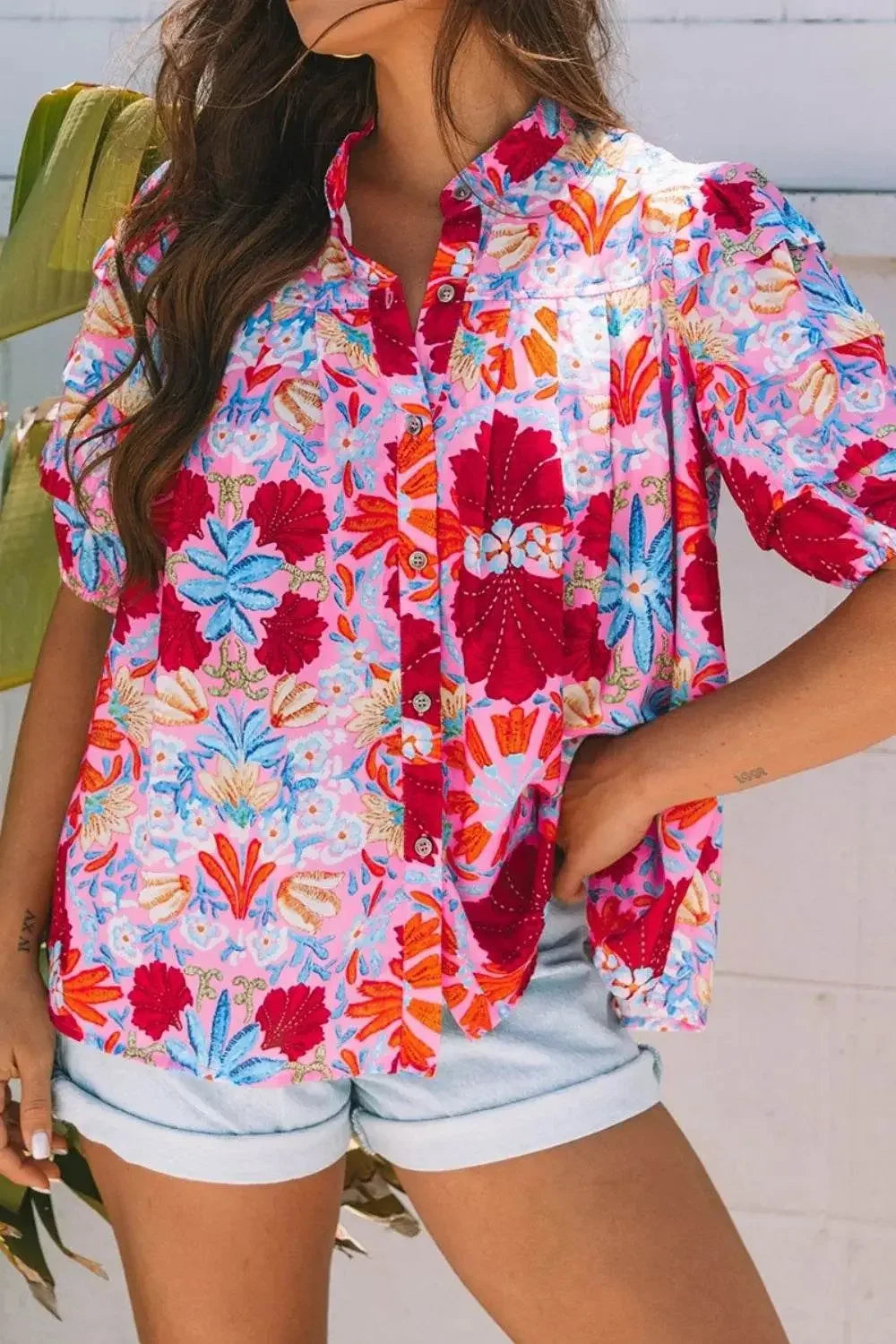 Floral Puff Sleeve Button-Up Blouses - IVORYNN
