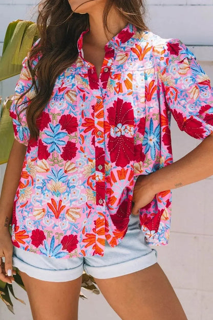 Floral Puff Sleeve Button-Up Blouses - IVORYNN