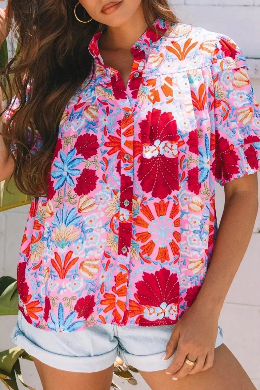 Floral Puff Sleeve Button-Up Blouses - IVORYNN