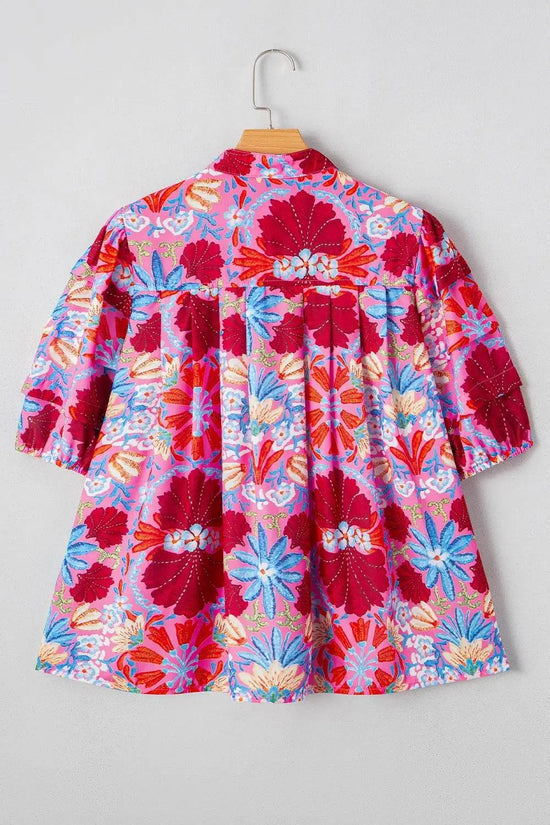 Floral Puff Sleeve Button-Up Blouses - IVORYNN