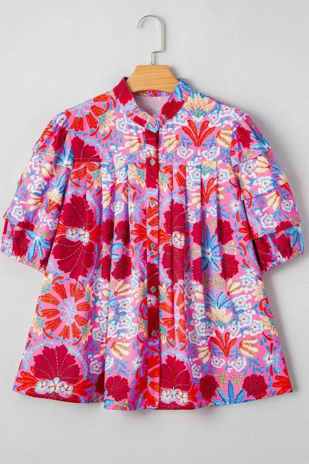 Floral Puff Sleeve Button-Up Blouses - IVORYNN