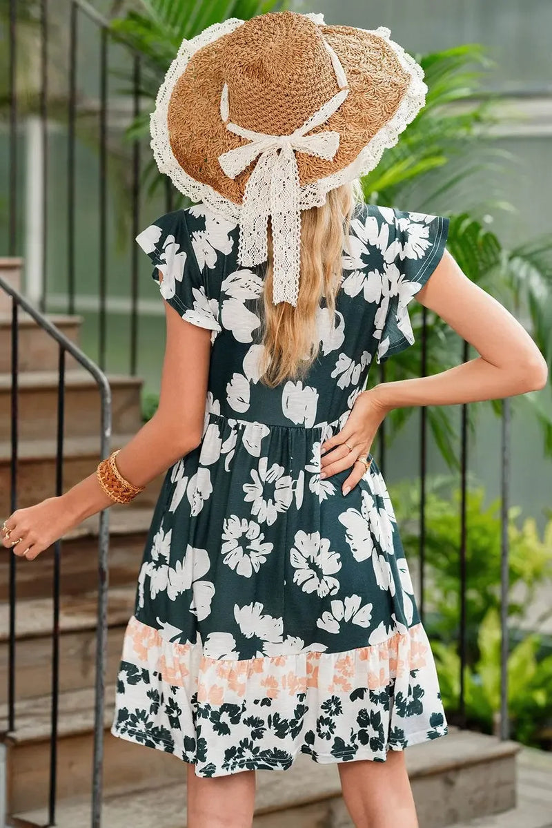 Floral Ruffle Sleeve Empire Waist Dark Green Mini Dress - IVORYNN